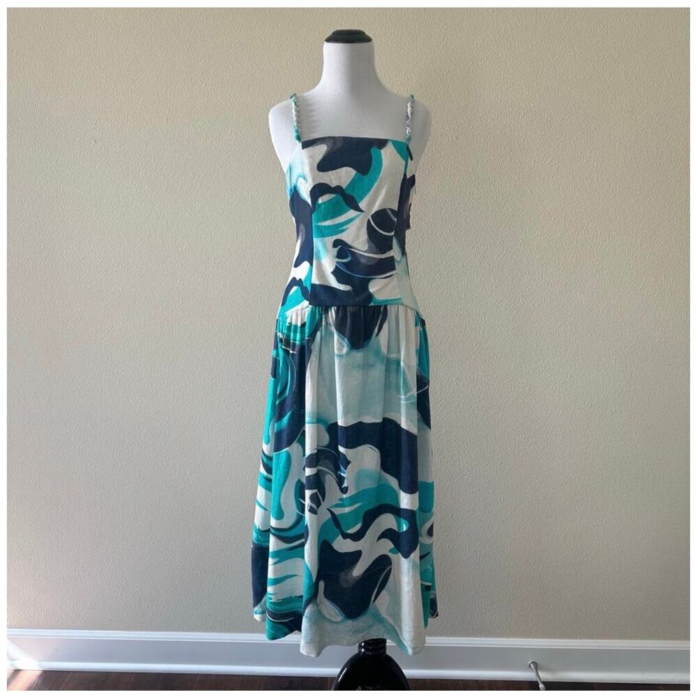 Christian Lacroix Linen Cotton Blue Organic Pattern
 Midi Dress Size Large Nwt